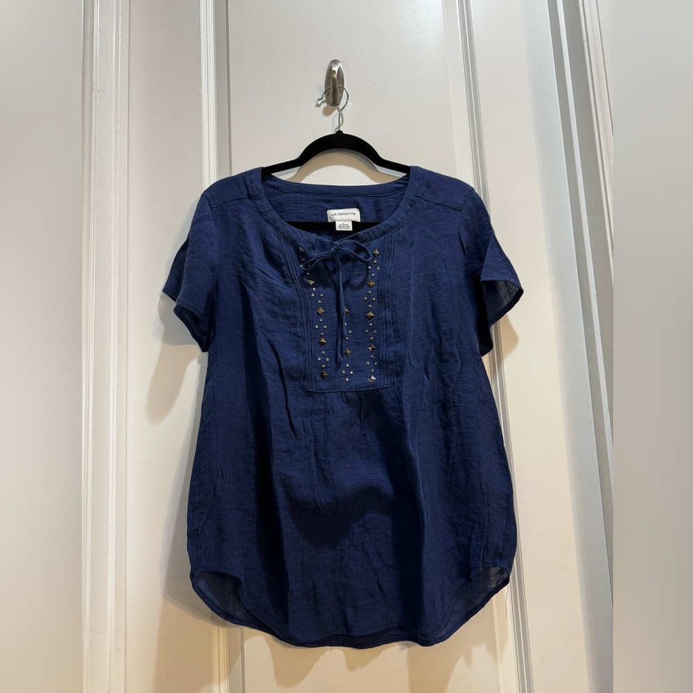 Liz Claiborne Blue Split Vneck Beaded Top Large Short Sleeves Front Tie Pleated - Picture 4 of 6